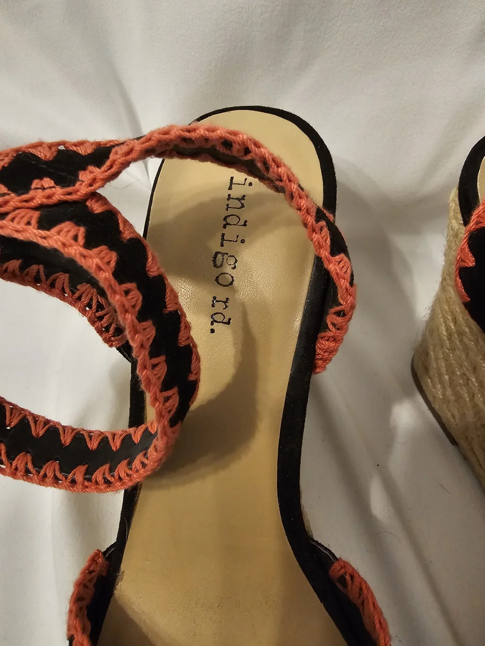 Indigo Black Wedge Sandals with Coral Stitching